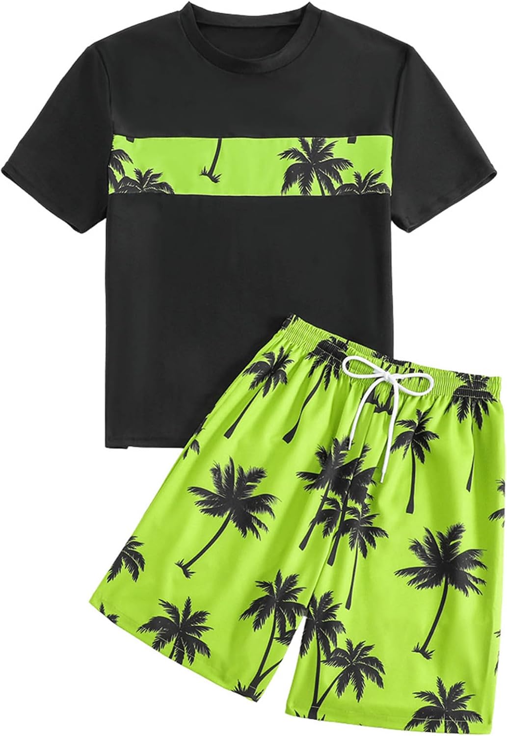 Kids Boys 2Pcs Coconut Tree Print Short Sleeve Swim Top and Shorts Set Rash Guard Sun Protection Swimsuit