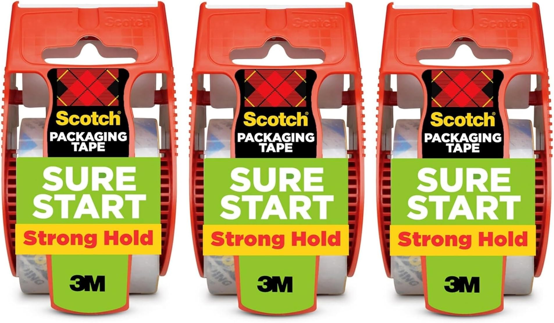 Sure Start Packing Tape, Clear, Quiet Unwind and Easy Start, Moving Supplies, 1.88 in. x 22.2 yd., 3 Tape Rolls with Dispensers