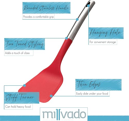 Vista 2 de Turner, mango fuerte de acero inoxidable con base de plástico resistente, volteador sólido rojo de 13.5 pulgadas para voltear panqueques, huevos