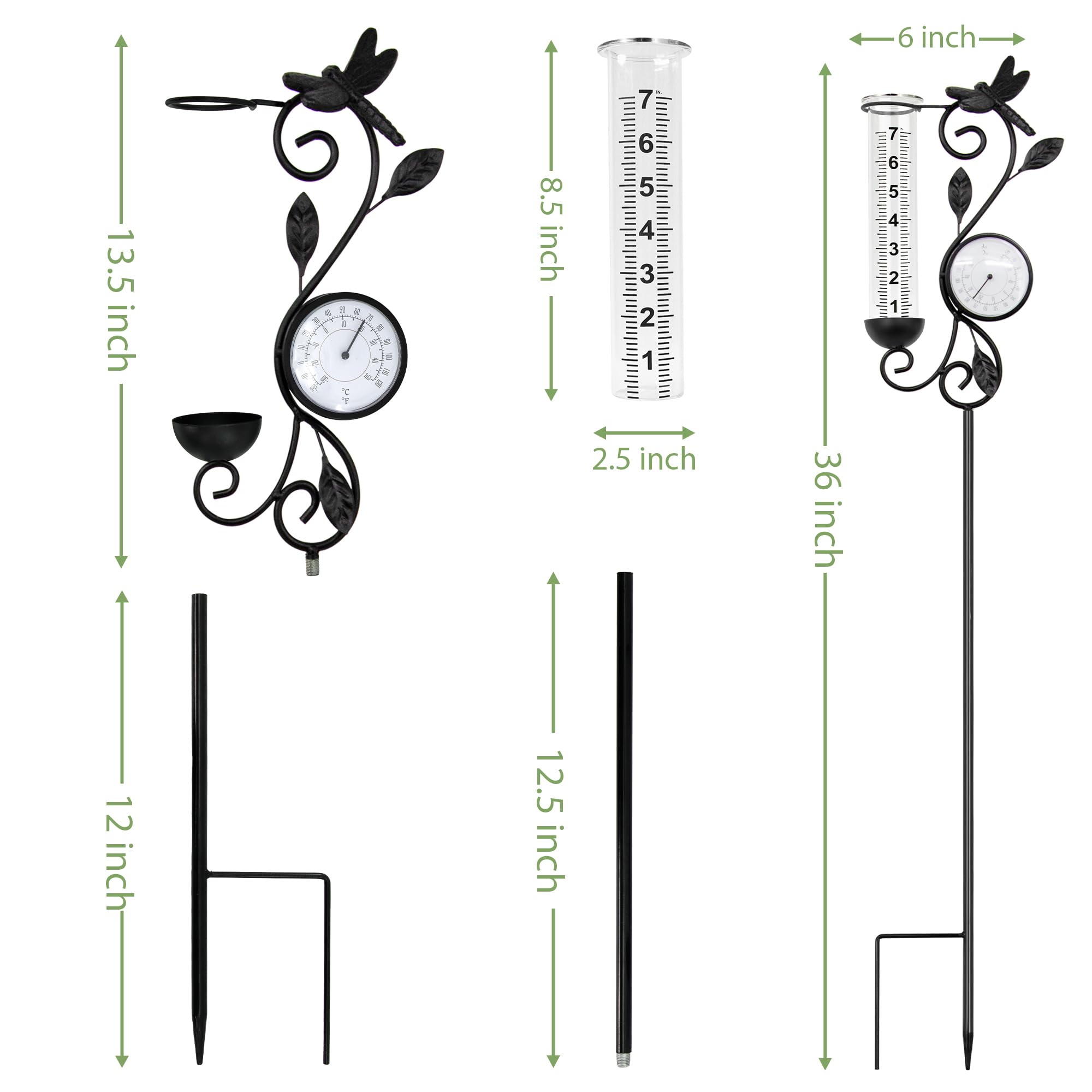 Pluviometro da giardino con termometro, paletto decorativo in metallo, motivo libellula, nero