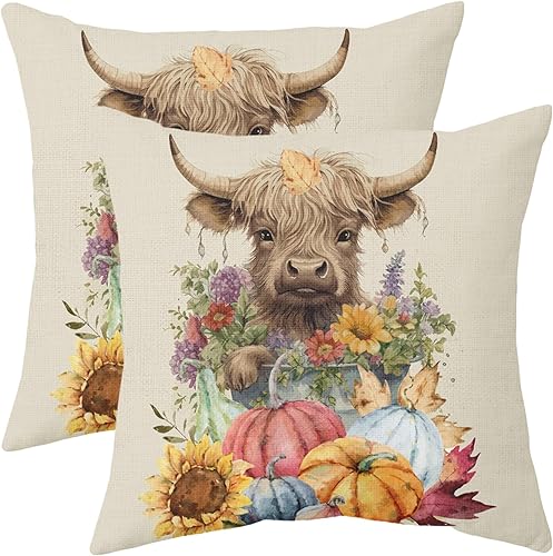 Miniatura 9 de Juego de 2 fundas de almohada de otoño de 18 x 18 pulgadas, diseño colorido de calabaza, girasol, vaca, para exteriores, para Acción de Gracias,
