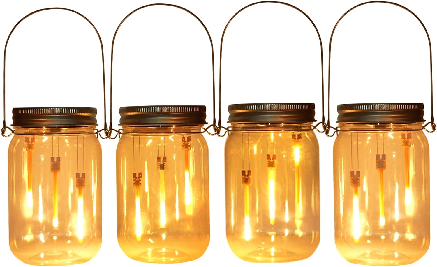 Solar Mason Jar Fairy String Lights,4-Pack(Plastic Mason Jars Include) Solar Powered Glass Outdoor Hanging Lamps Lighting,Waterproof LED Flame Dancing Lights for Garden Patio