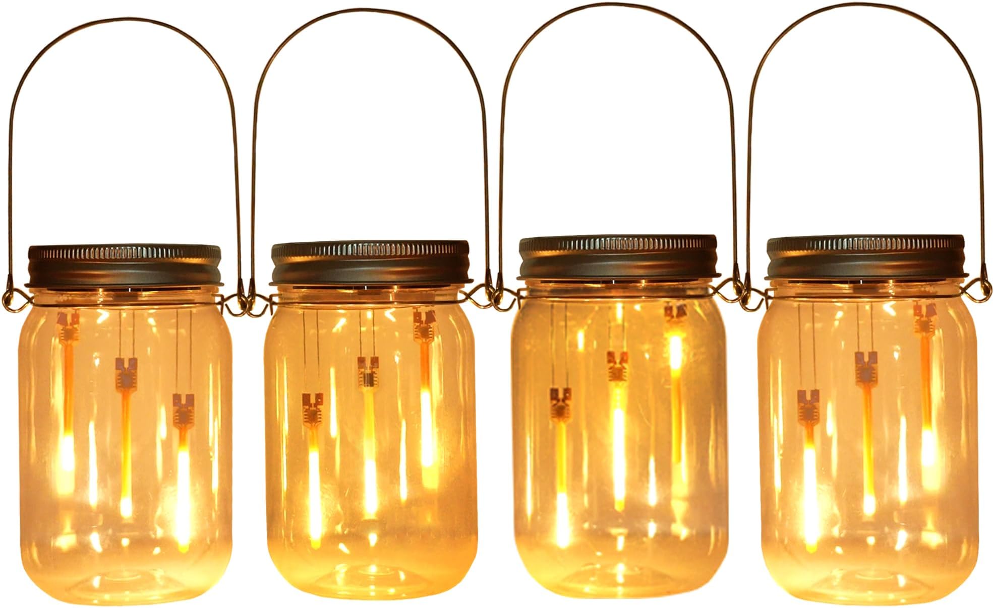 Solar Mason Jar Fairy String Lights,4-Pack(Plastic Mason Jars Include) Solar Powered Glass Outdoor Hanging Lamps Lighting,Waterproof LED Flame Dancing Lights for Garden Patio