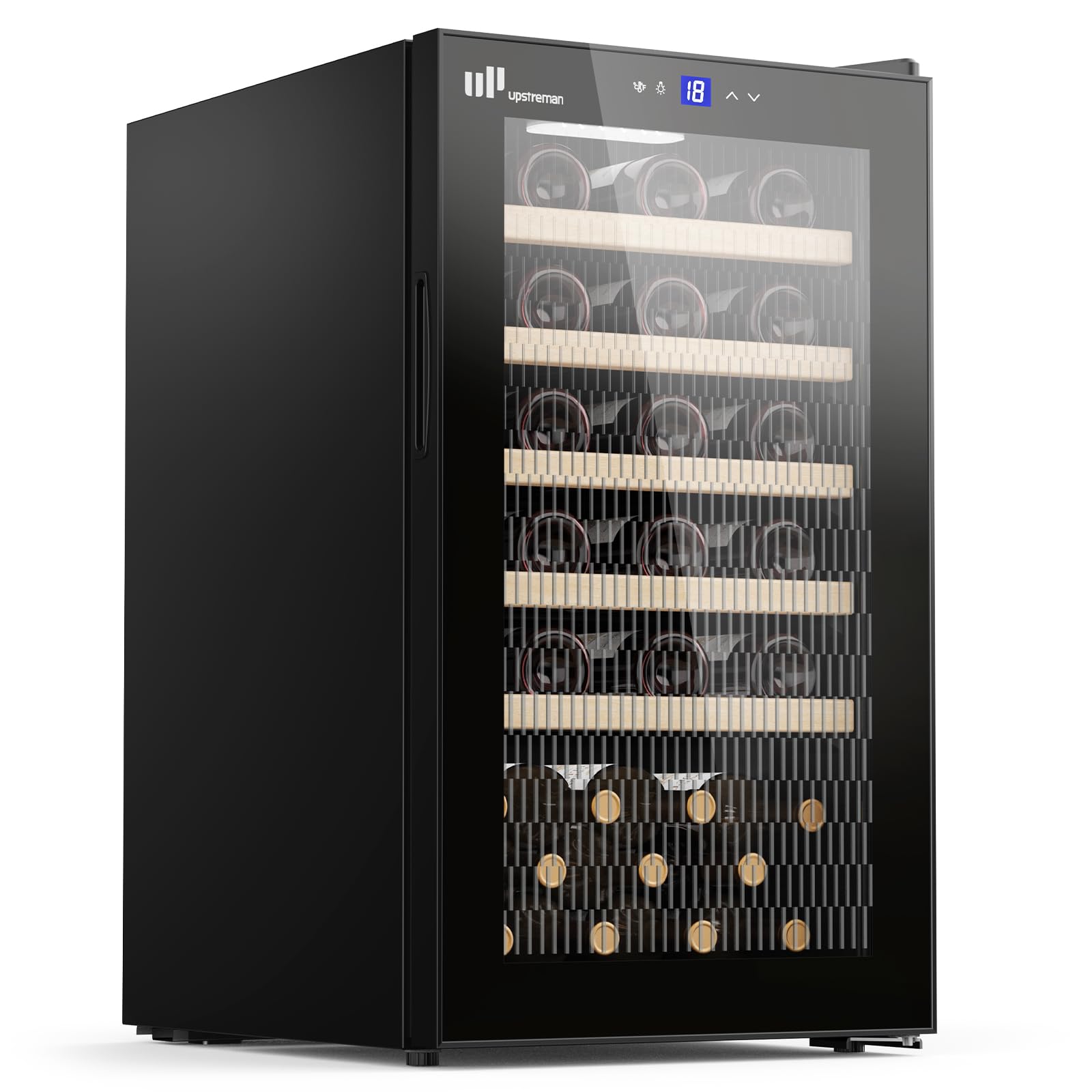 Upstreman Wine Fridge 24-Bottle, Full Glass Door Wine Cooler, 5°C - 20°C Adjustable, Built-in & Under-Counter Design, Double Glazing, Touch Control Panel, LED Light, 5 Shelves, W24-Black — view 8