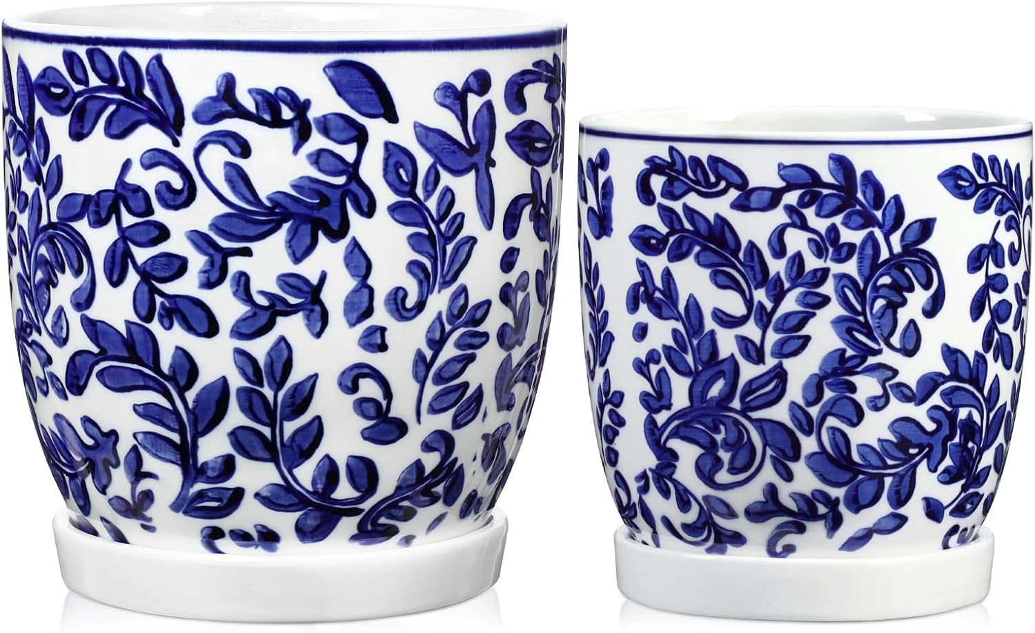 Set of 2 Ceramic Blue and White Plant Pots with Drainage Hole and Saucers, 4.3/5.5 Inches Ceramic Planters Round Flower Pots for Indoor Plants Succulent Cactus Orchid Flower, Indoor Outdoor Decor