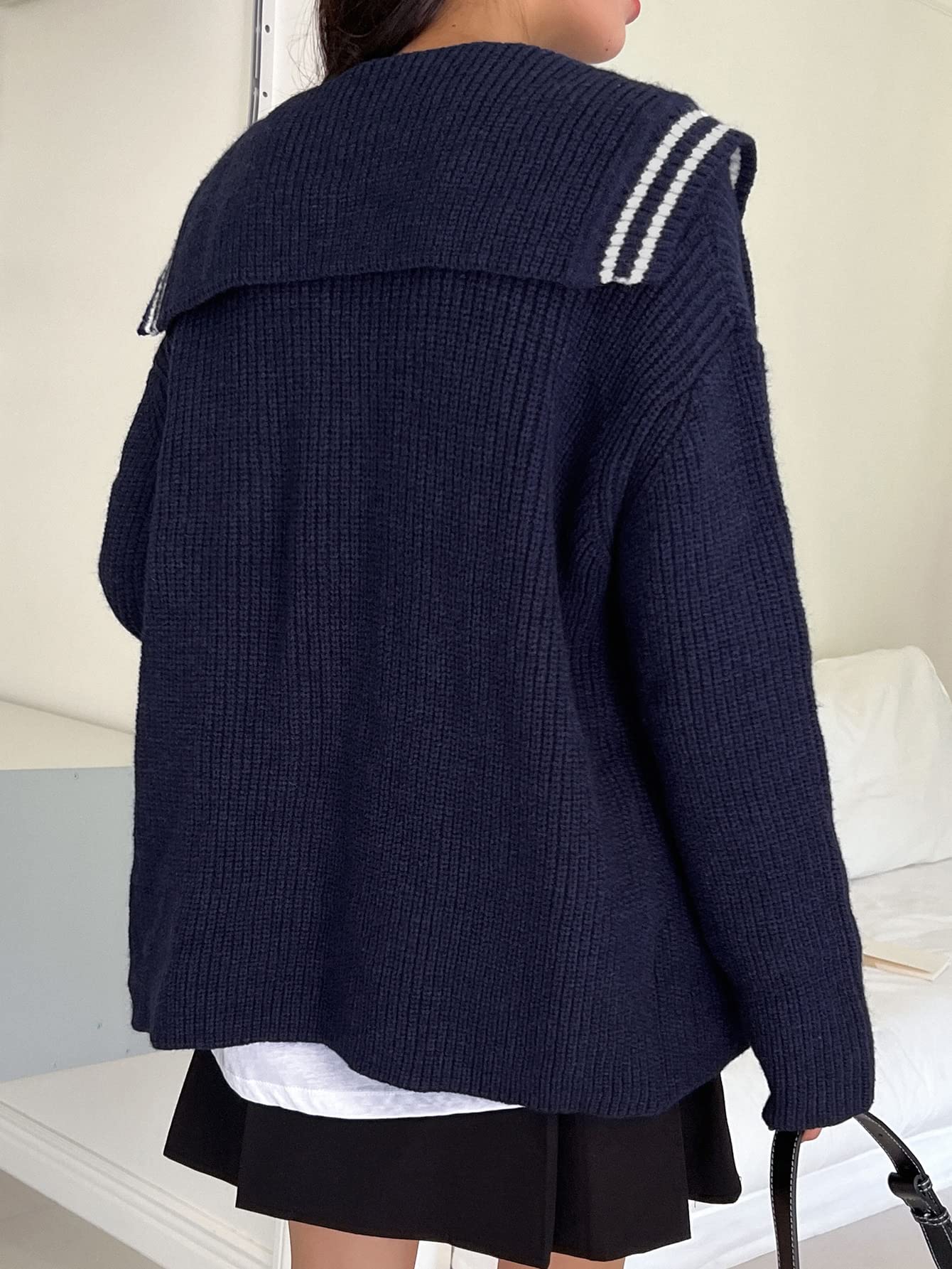 Sailor Collar Striped Trim Drop Shoulder Cardigan Pullover Sweater
