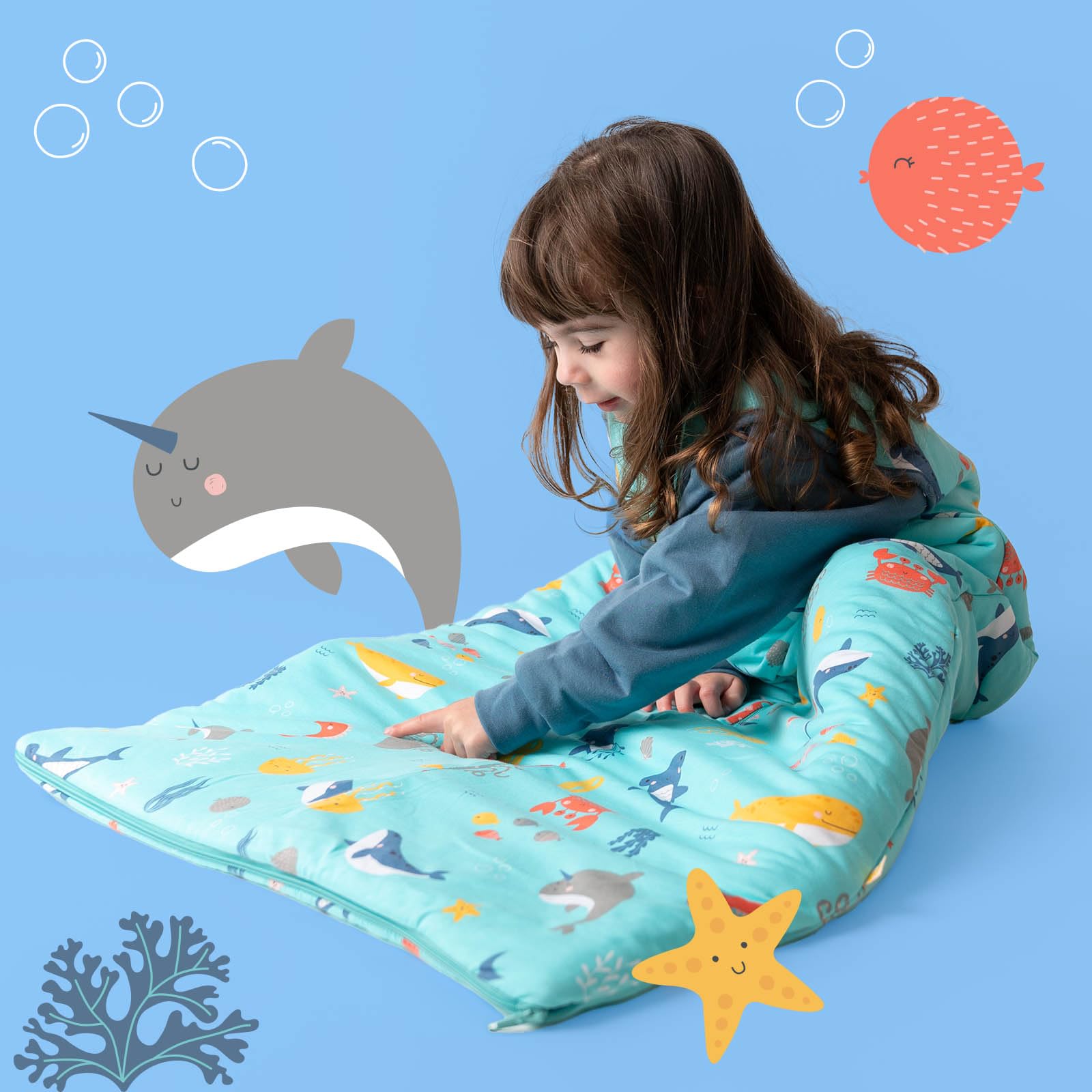 schlummersack Slumbersac Sacco nanna 2.5 Tog 90 cm Animali marini | Sacco nanna annuale 6-18 mesi cotone | Sacco a pelo bambini maniche rimovibili