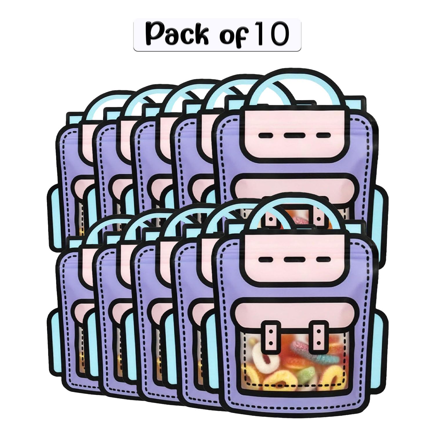 SKY FLEXI PACK – 10 Pcs, Small School Bag Themed Candy & Cookie Bags (18cm x 21cm, Purple) – Perfect Goody Bags for Kids, Ideal for Return Gifts for Birthday and Party Favors 1