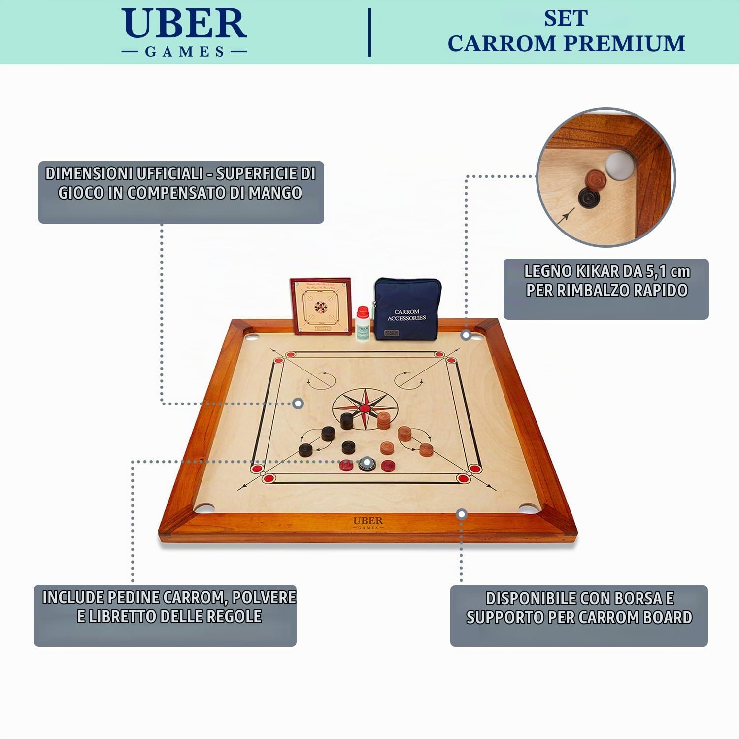 Uber Games Premium Carrom Board (83,8 x 83,8 cm) Pacchetto