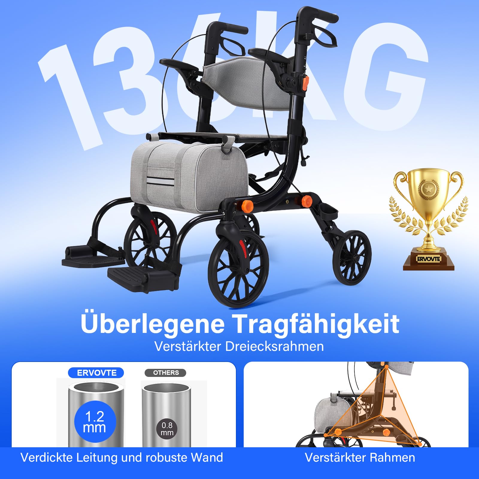 2-in-1 Rollstuhl-Rollator faltbar und leicht mit Sitz, klappbarer Rollstuhl für Senioren, Aluminium-Gehhilfe Transportstuhl, höhenverstellbar für Innen- und Außenbereich mit Bremsen