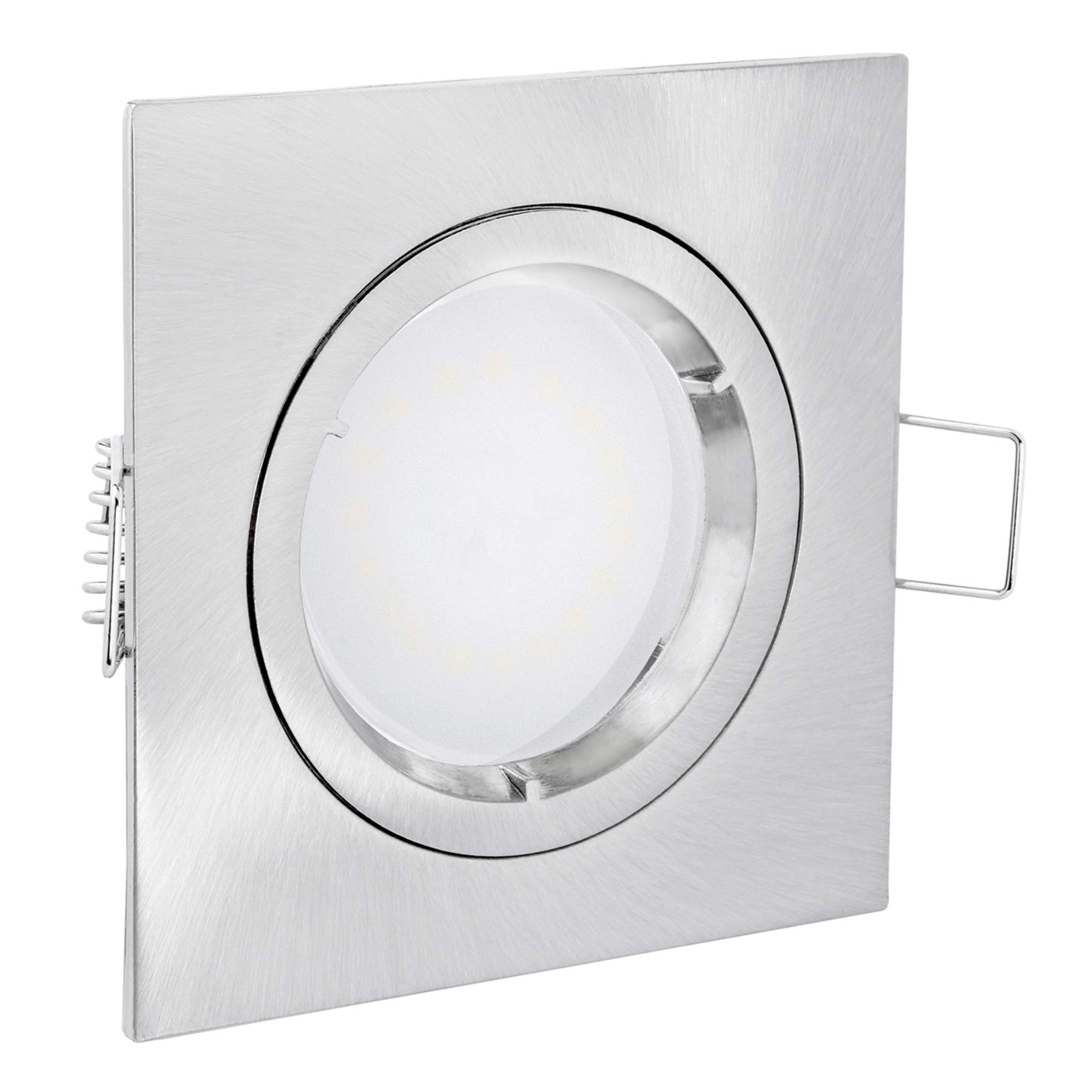 linovum Einbaustrahler 10er Set eckig silber GU10 4W warmweiß fourSTEP | Zehn Deckenspots eckig Alu gebürstet - in 4 Stufen dimmbar ohne Dimmer, warmweiß, für Wohnzimmer & Flur, inkl. GU10 LED