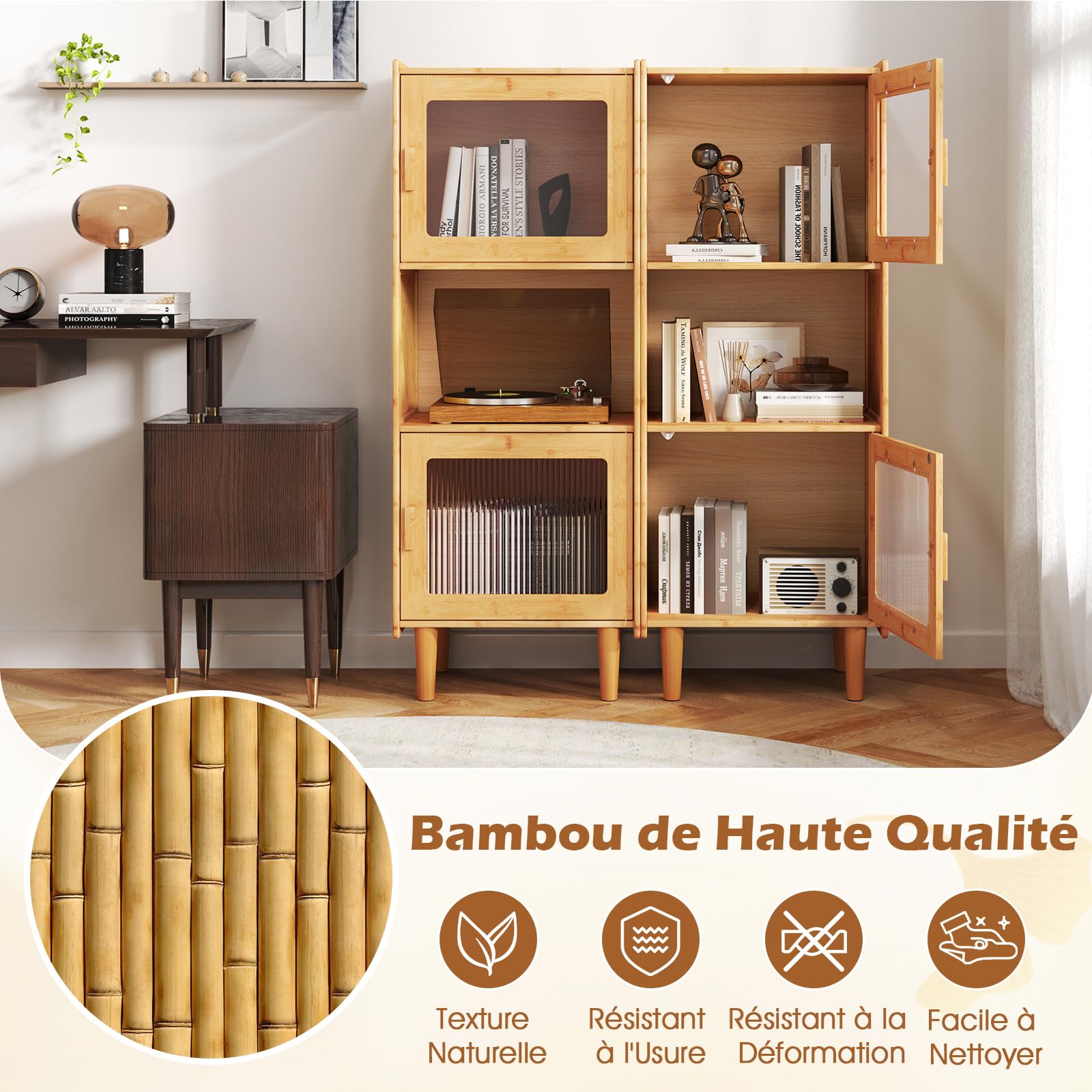 COSTWAY Buffet Vitrine 3 Compartiments, Armoire Cuisine Bambou Naturel, 49,5 x 40 x 130 cm, Porte Magnétique, Vaisselier Colonne Cuisine, Bibliothèque Salon