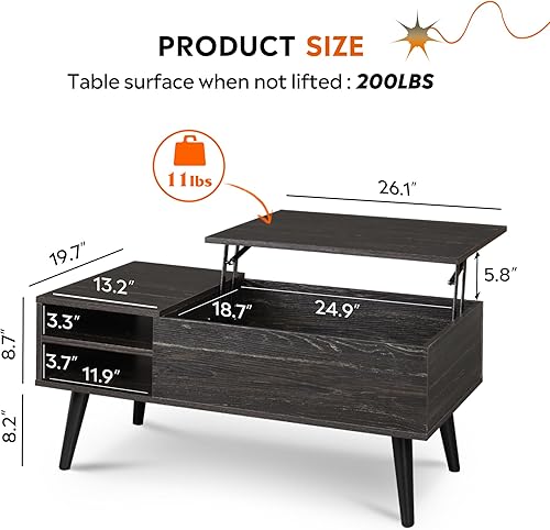 Miniatura 3 de WLIVE - Mesa de centro de madera con parte superior elevable, compartimento oculto y estante de almacenamiento ajustable, mesa elevable para comedor
