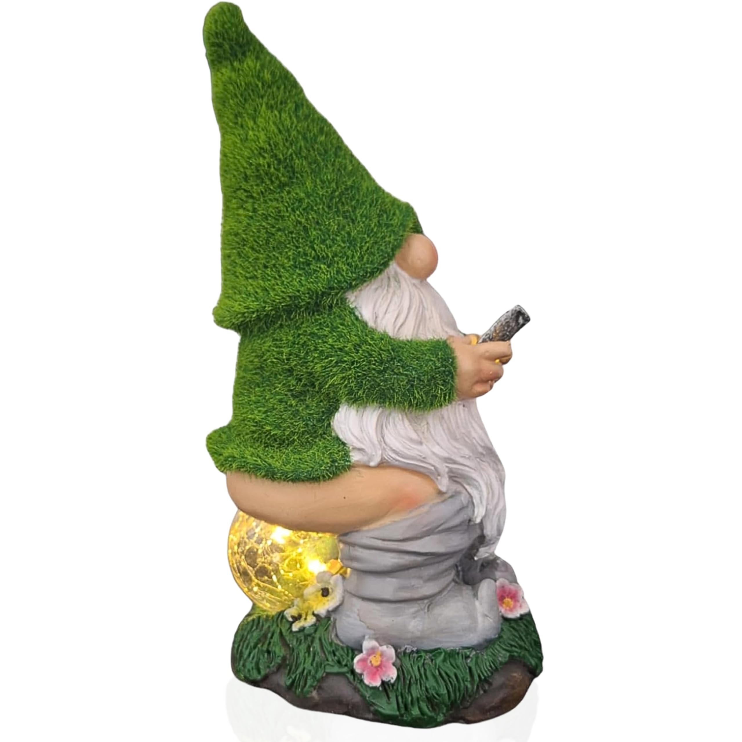 TIN DREAMS FACTORY | Gnomo de Jardín con Luz Solar – Figura Divertida en Cuclillas con Móvil – Estatua Decorativa de Resina para Exterior – Terraza, Balcón o Jardín – Regalo Original y Gracioso