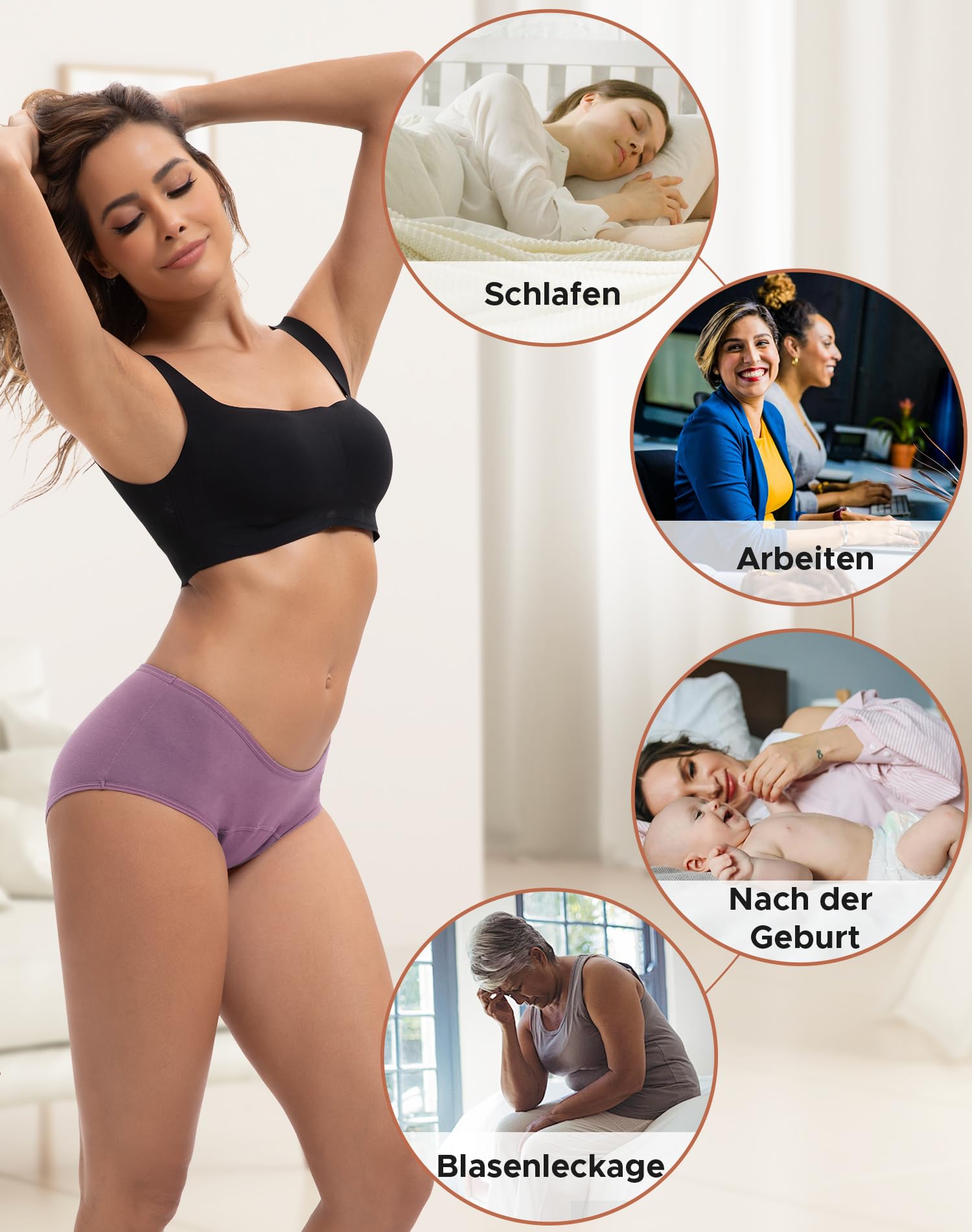 INNERSY Bragas Menstruales Mujer Flujo Abundante Cintura Media Braga Menstrual Algodón Lavables Pack de 3