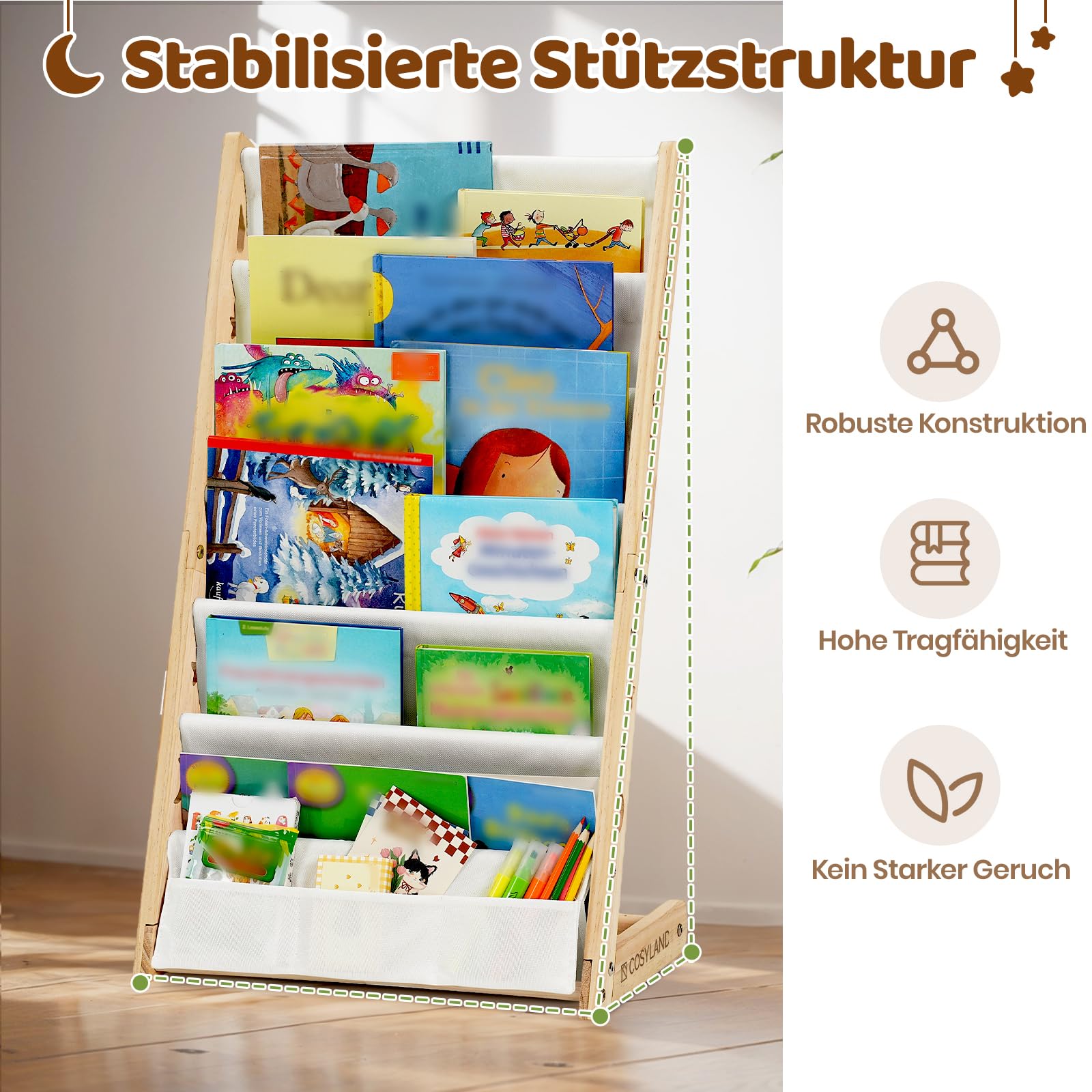 COSYLAND Kinderbücherregal Montessori – Bücherregal Kinder mit 6 Stofffächern, frontal offenes Bücher-Display aus Kiefernholz, Kinderregal für Kinderzimmer & Leseecke, Naturholz, 42 x 30 x 76 cm