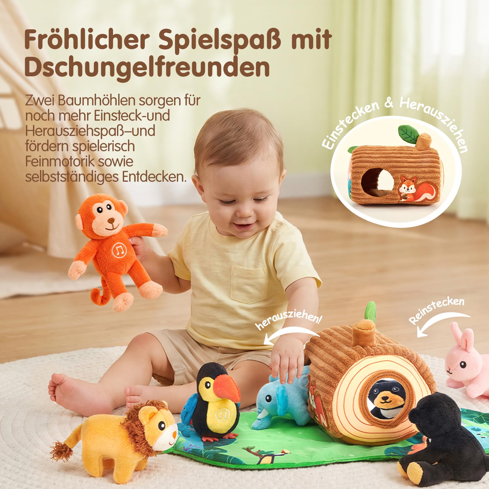 hahaland Montessori Spielzeug Baby 6-12 M, 6 Dschungeltiere mit Tierstimmen | Mit englischen Tierwörtern, Baumhaus & Spielmatte, Baby Spielzeug 6 Monate, fördert Sensorik & Feinmotorik, Baby Geschenk