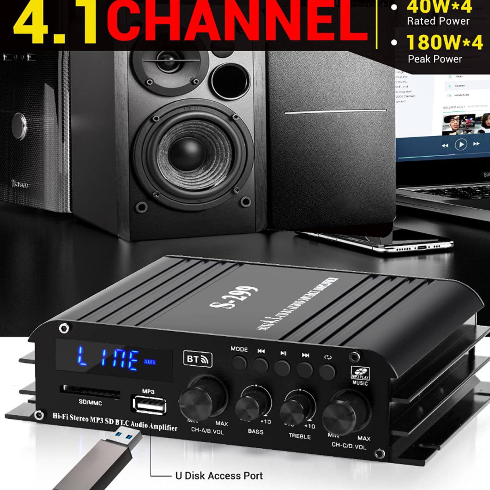 Amplificatore a 4 canali, amplificatore di potenza audio 1600 W, Bluetooth 5.0, 40 Wx4 con USB/Microfono/FM con telecomando, amplificatore Hi-Fi integrato per la casa o la tua auto