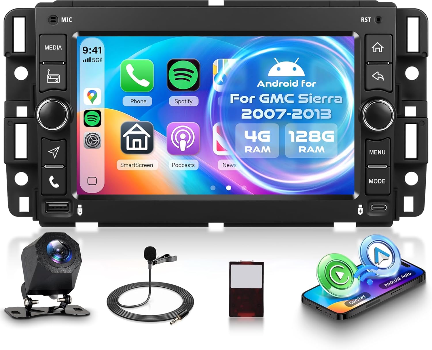 4G+128G Android Car Radio for GMC Sierra 2007-2013 with Wireless CarPlay Android Auto, 7 Inch Touchscreen Car Stereo Mirror Link GPS Navigation WiFi Bluetooth FM RDS EQ SWC Backup Camera
