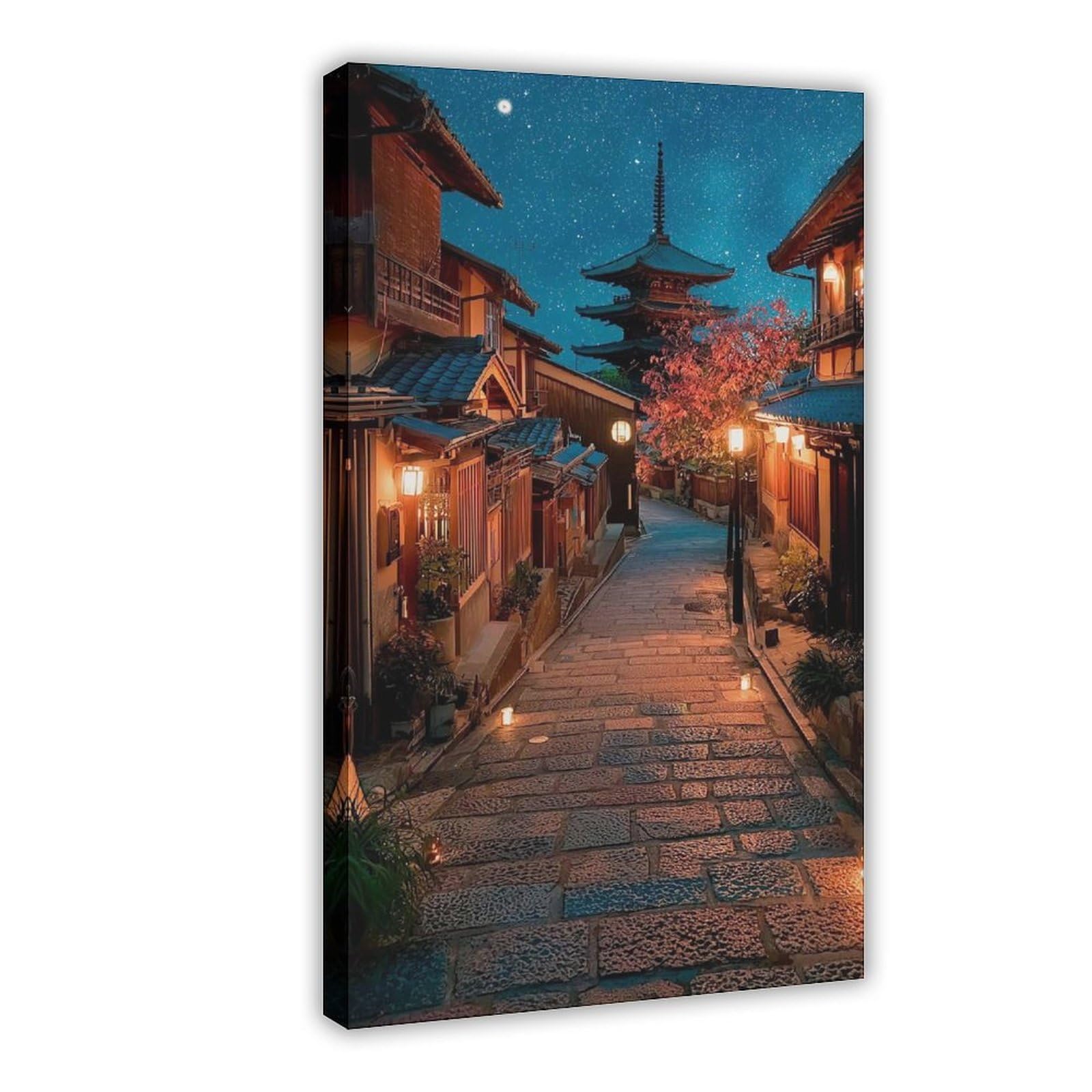 Qnvjqkdsi Frame Kyoto Japan Street, Night Temple, Japanese Pagoda Art Canvas Poster Bedroom Decor Landscape Office Room Decor Gift 8" L X 12" W