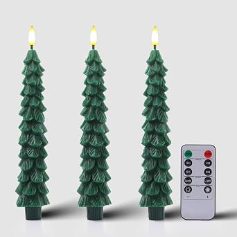 3Pcs Christmas Tree Candles with Remote, Real Wax Flameless Taper Candles,LED Candlesticks Window Candlelights with 3D Flickering Flame for Xmas New Year Home Decorations Gifts 9.7 in