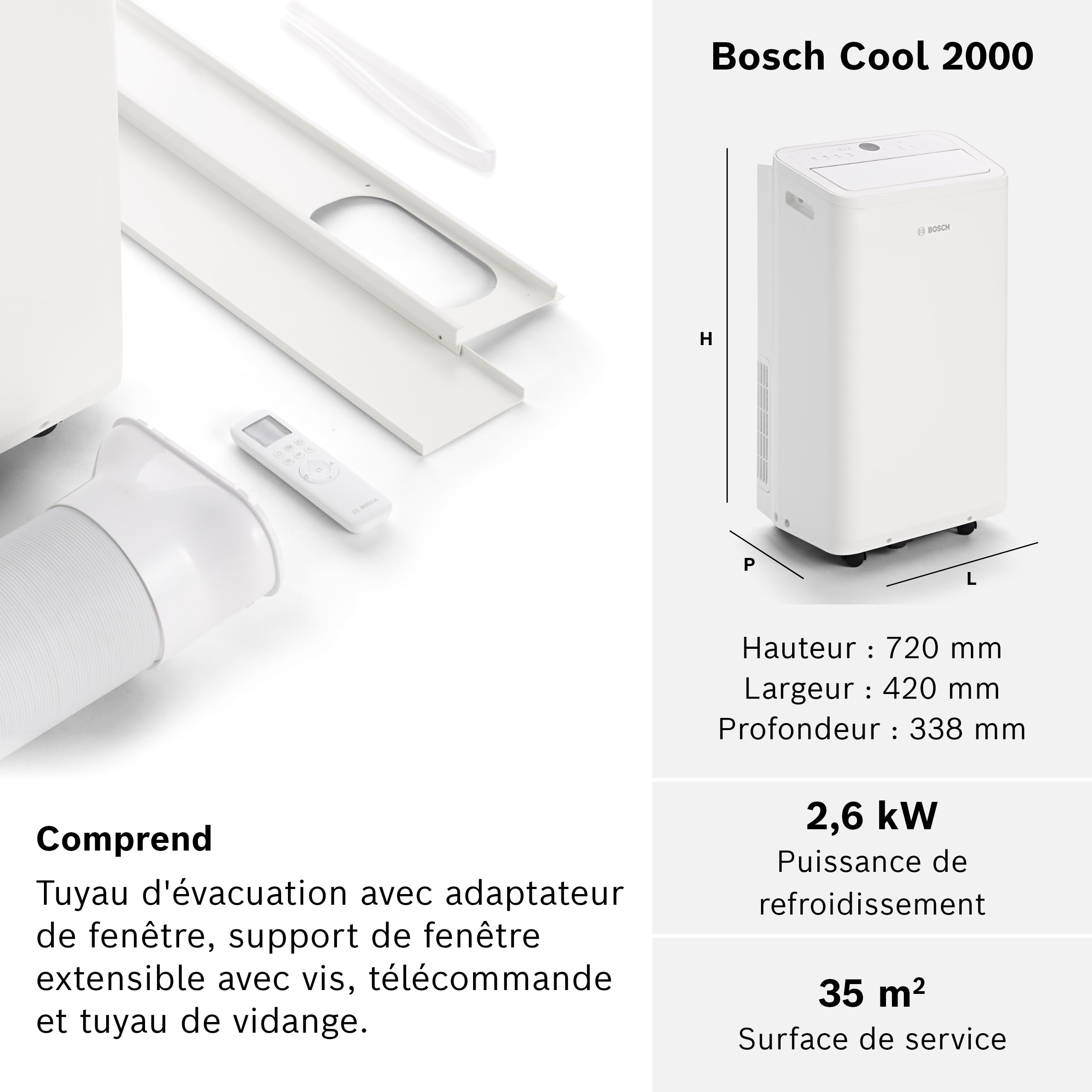 Bosch Cool 2000 Portable AC - 3 en 1 Climatiseur, Déshumidificateur, Ventilateur - 2,6 kW pour les pièces jusqu'à 35m² - Avec Mode Auto, Mode Silencieux et Mode Veille (46 db (A)) [Classe A]