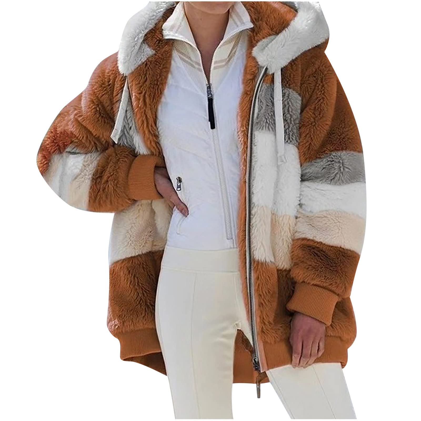 Chaqueta Mujer Invierno,Grueso y Cálido Abrigo Mujer Invierno con Capucha Moda Block Color Reversible Chaqueta Polar Mujer Sueltos Causal Caliente Cremallera Bolsillos Cazadora Forro Polar Mujer 2024