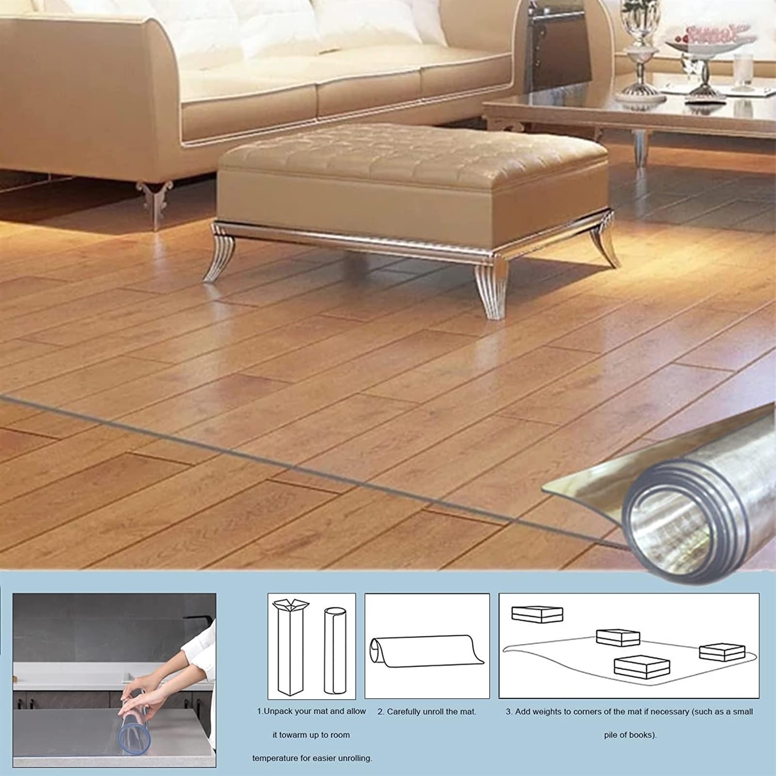 Tapis de Protection de Sol pour sols durs, Tapis de Protection en Vinyle Transparent à Poils Ras, Tapis découpable pour Salon (125 x 350 cm)