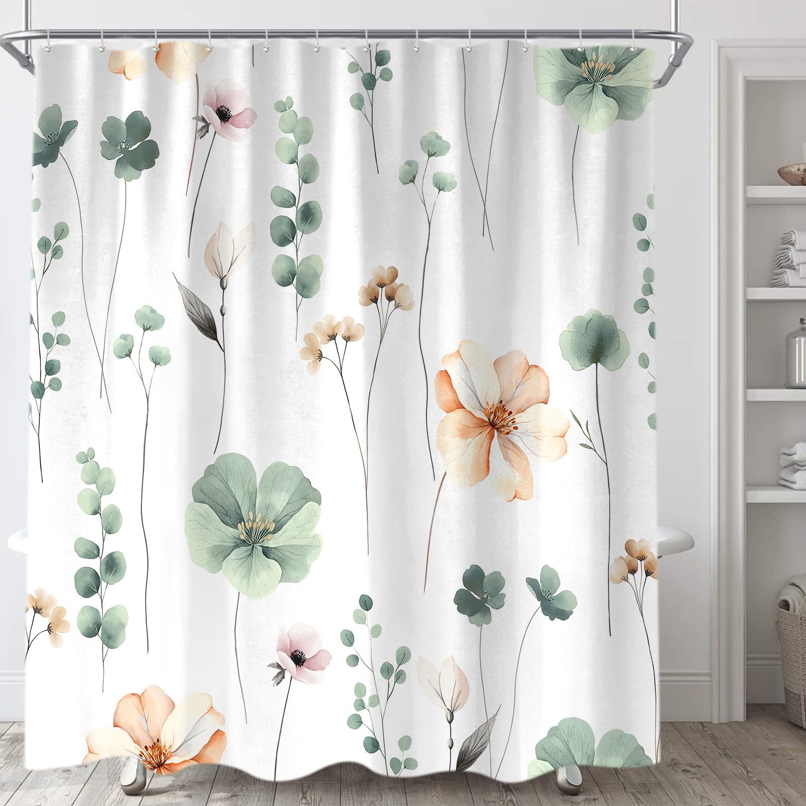 Tenda da doccia floreale in stile boho, verde salvia con graziosi fiori verde chiaro, set di