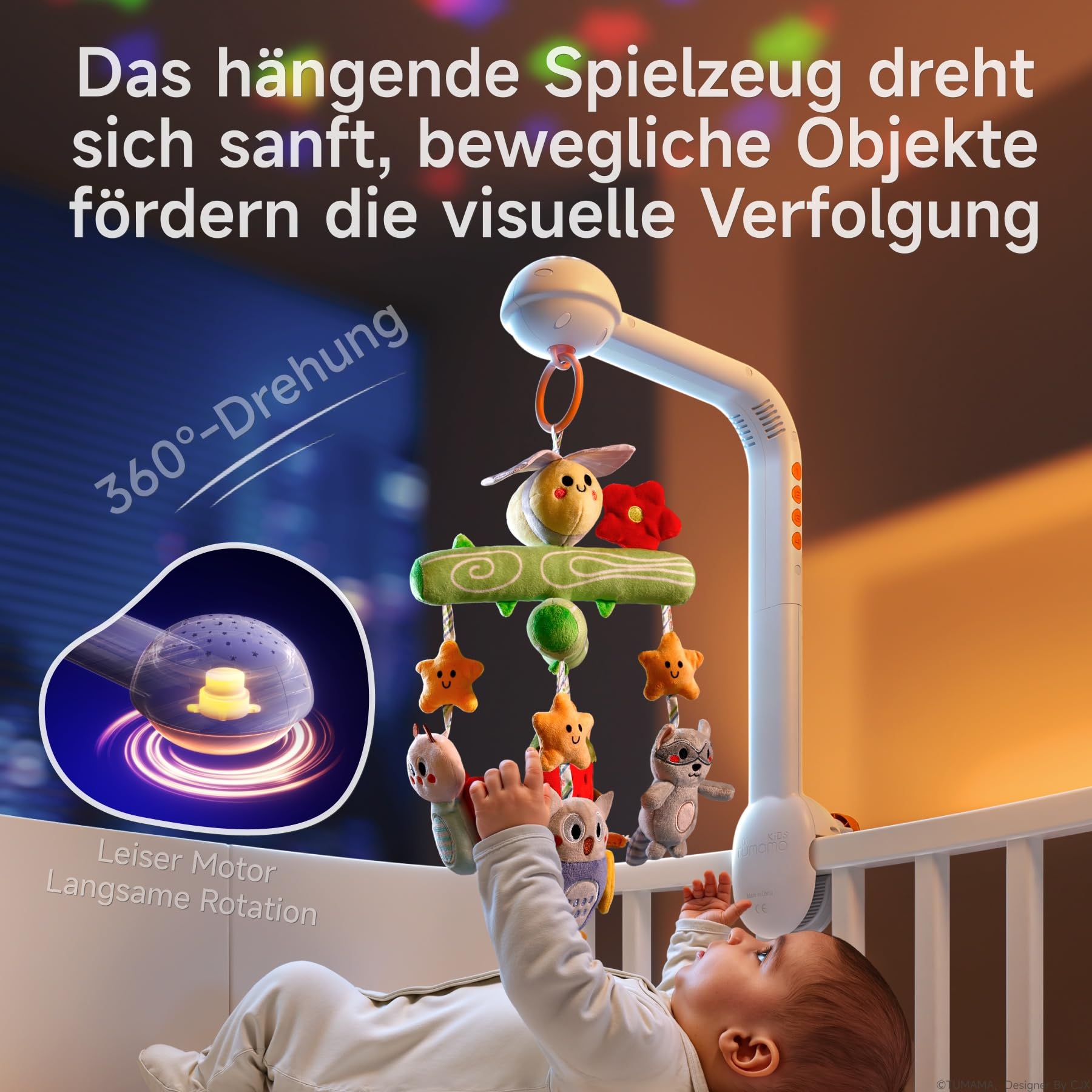 TUMAMA KIDS Baby Mobile Babybett mit Musik und Sternenlicht-Projektor, Spieluhr Baby Spielzeug 0 3 6 9 Monate, Fernbedienung Mobile Babybett Sensorisches Spielzeug für Neugeborene