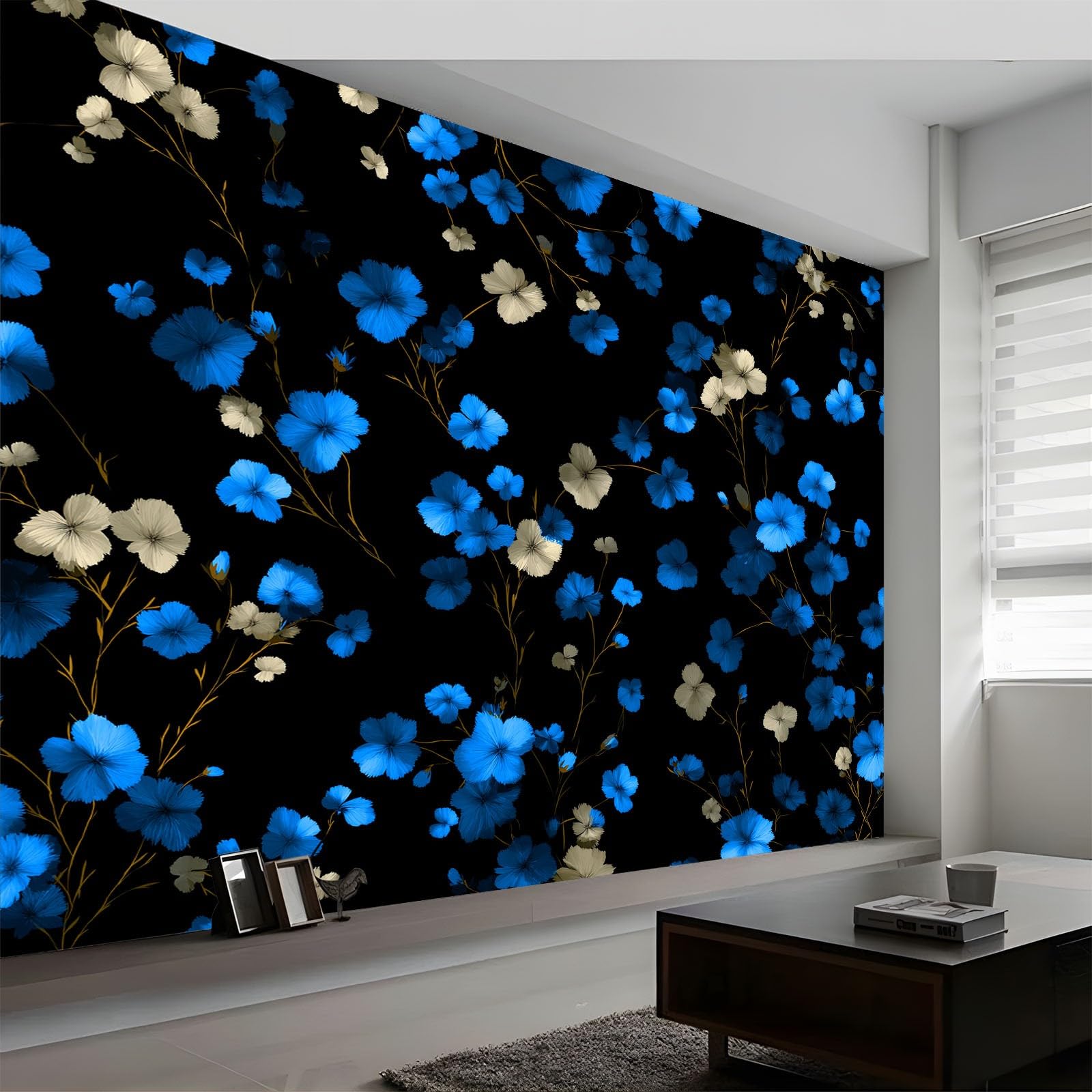 350 x 256 cm, fototapeta z włókniny, retro, wzór kwiatowy, do salonu, sypialni, tapeta ścienna, efekt 3D, czarna