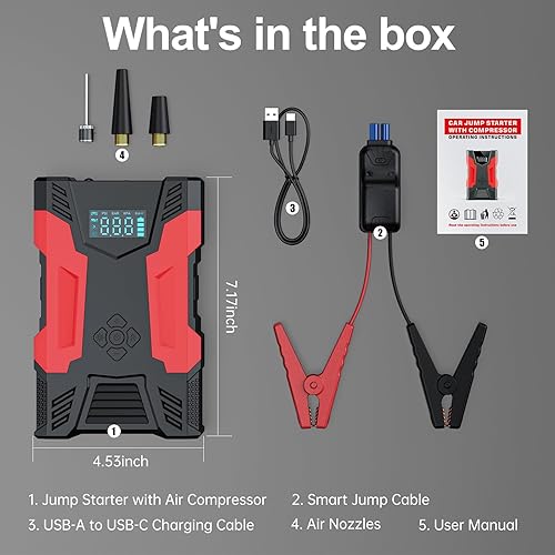 Miniatura 6 de Arrancador portátil para automóvil con compresor de aire, caja de salto de 3000 A con compresor de aire e inflador de neumáticos y puente de batería