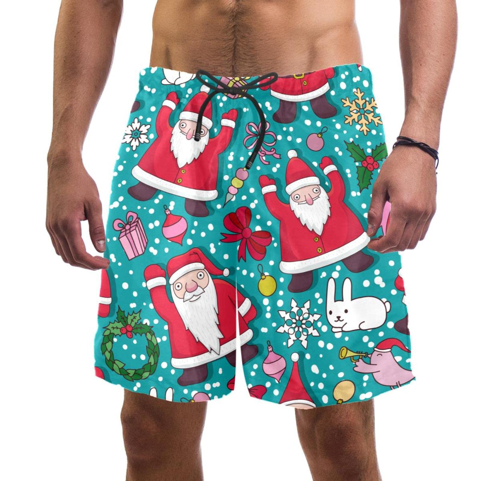 GORDESC Christmas Father Santa Claus Pattern Men's Swim Trunks Beach Shorts Pants Quick Dry with Pockets/Mesh Lining