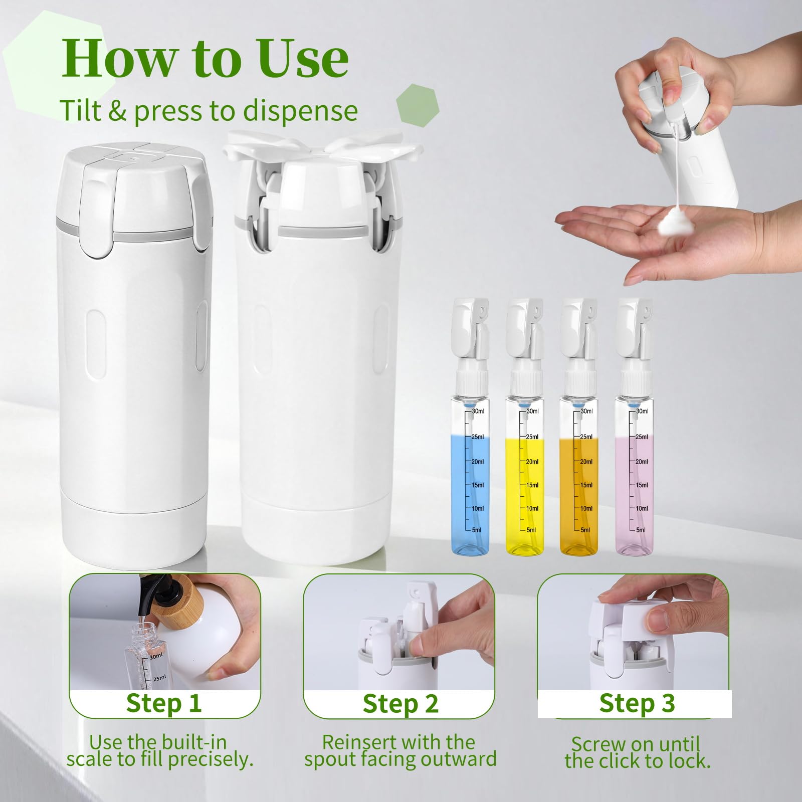 4 in 1 Travel Dispenser, Travel Bottles for Toiletries, Leak Proof Refillable Dispenser Set for Shampoo Conditioner Lotion Cream, Portable Containers for Vacation and Business Travel (White) - 5