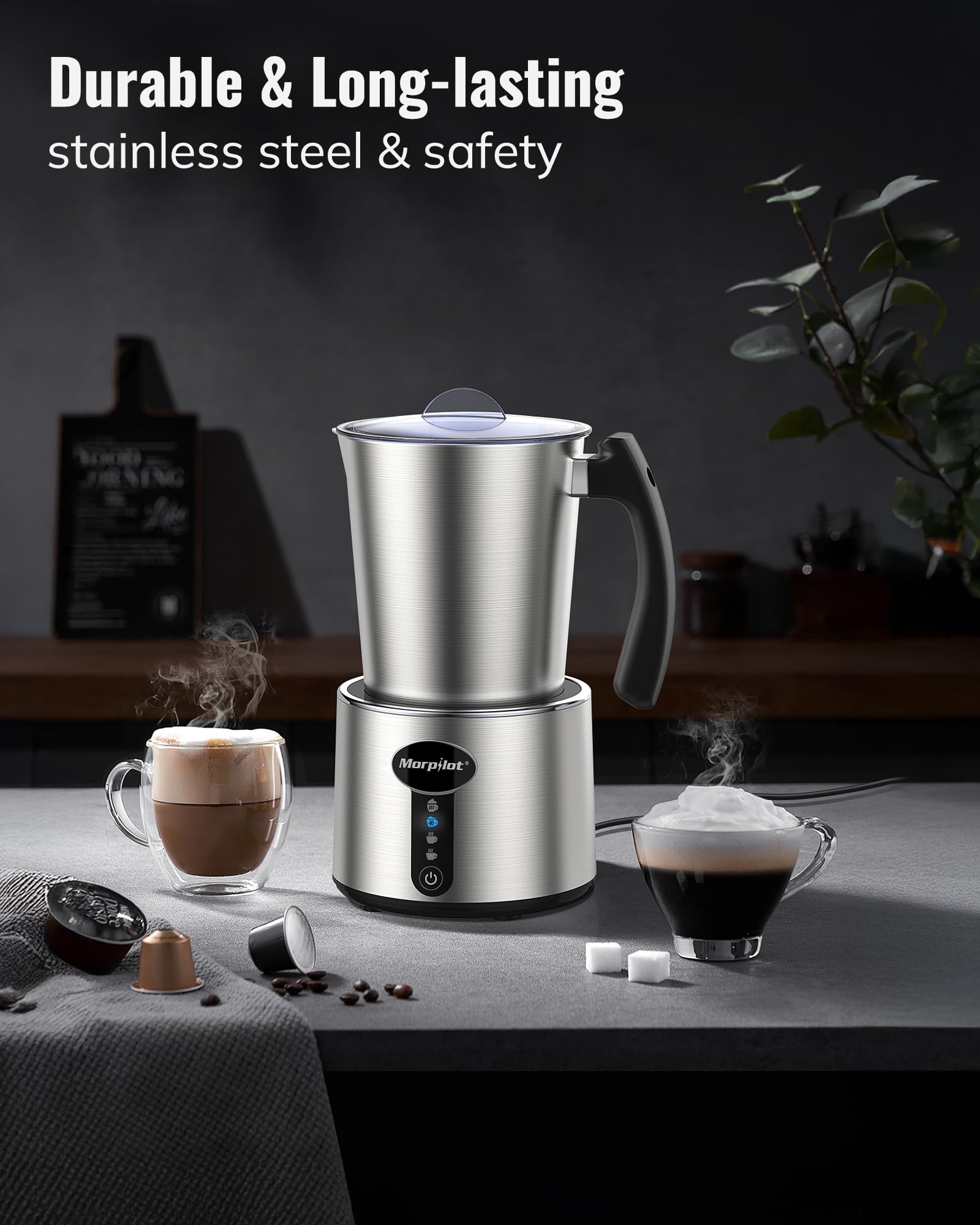 Morpilot Mousseur à Lait Électrique Divisé, 500ml Chauffe Lait, Milk Frother en Acier Inox 4 en 1 à Mousse de Lait Chaude et Froide 230ml, Emulsionneur de Lait pour Latte Cappuccino Macchiato
