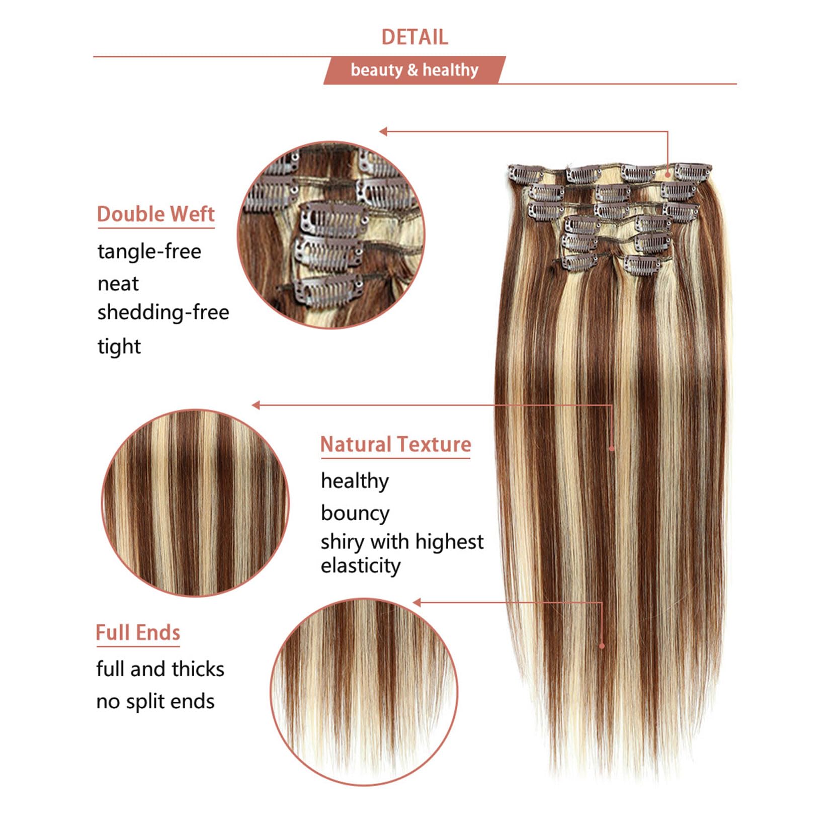 Clip in Haarverlängerungen für Frauen, gerade nahtlose Clip in Extensions Menschenhaar, 7 Stück Set echtes Menschenhaar #27/613,14inch (35cm) 70g