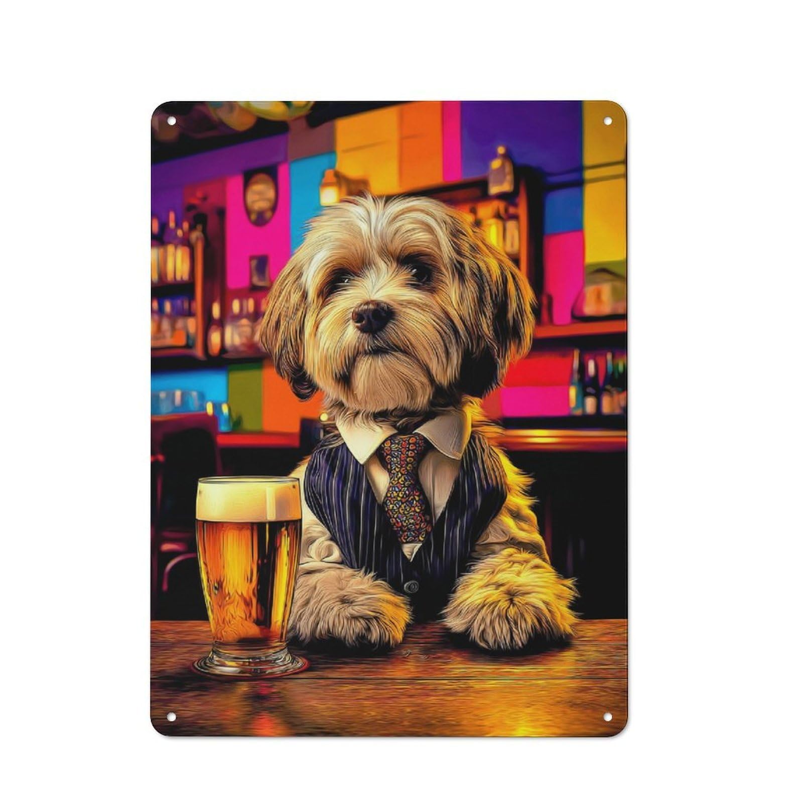 Junmoney Dog In Suit With Beer At Bar Shop Front Style Bistro Metal Sign 40X30cm, Cafe Wall Decor For Tea Room, Shop Wall Or Breakfast Area