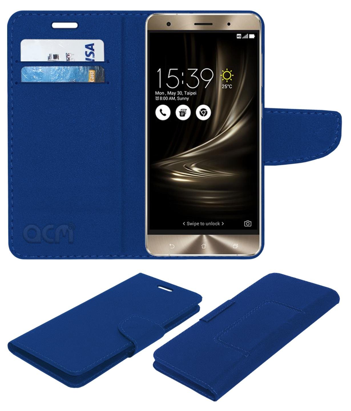 Acm Mobile Leather Flip Flap Wallet Case Compatible with Asus Zenfone 3 Deluxe Zs570kl Mobile Cover Blue
