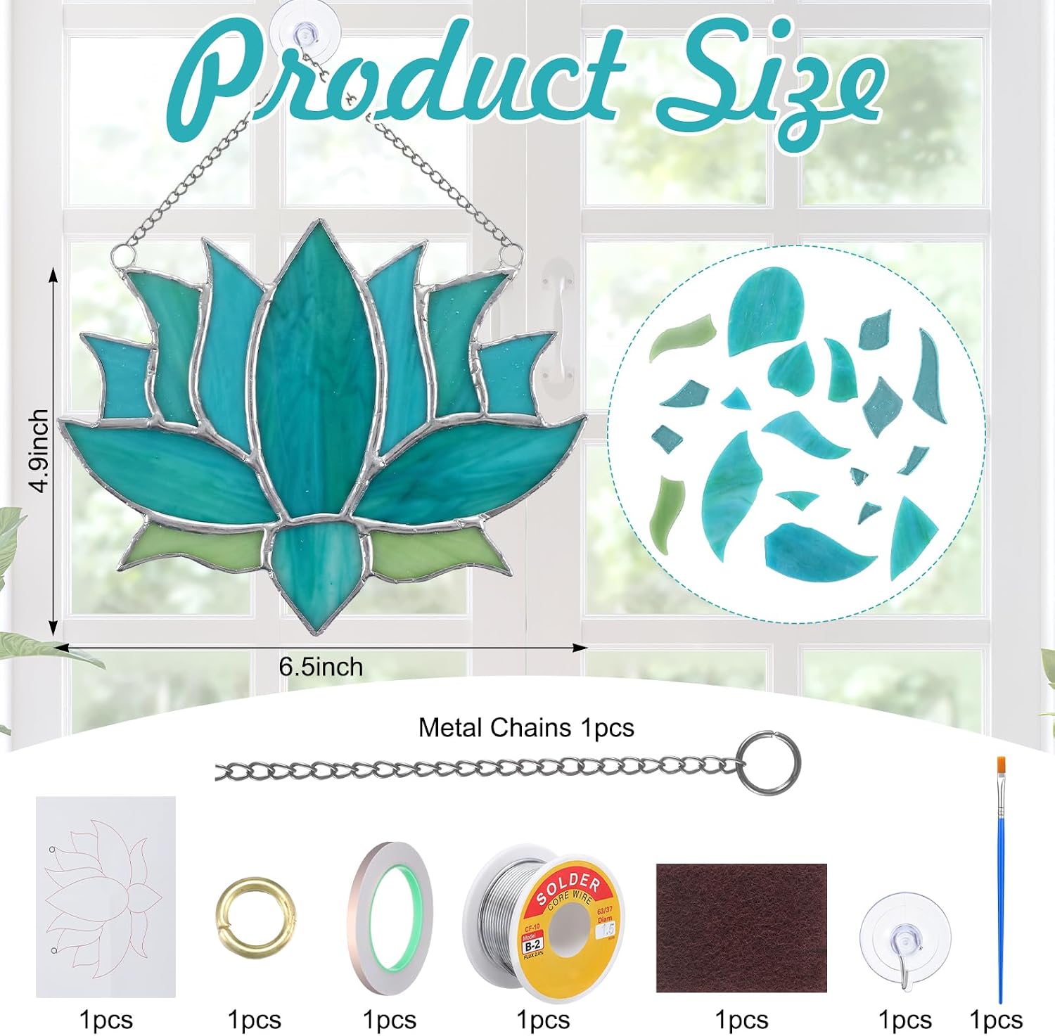 LemonRoad 1 Set Green Lotus Flower Pre Cut Stained Glass Set for Adult Beginner Made Easy Stained Glass Craft with Solder Wire, Flux Brush for Christmas Birthday Party Favor image 2