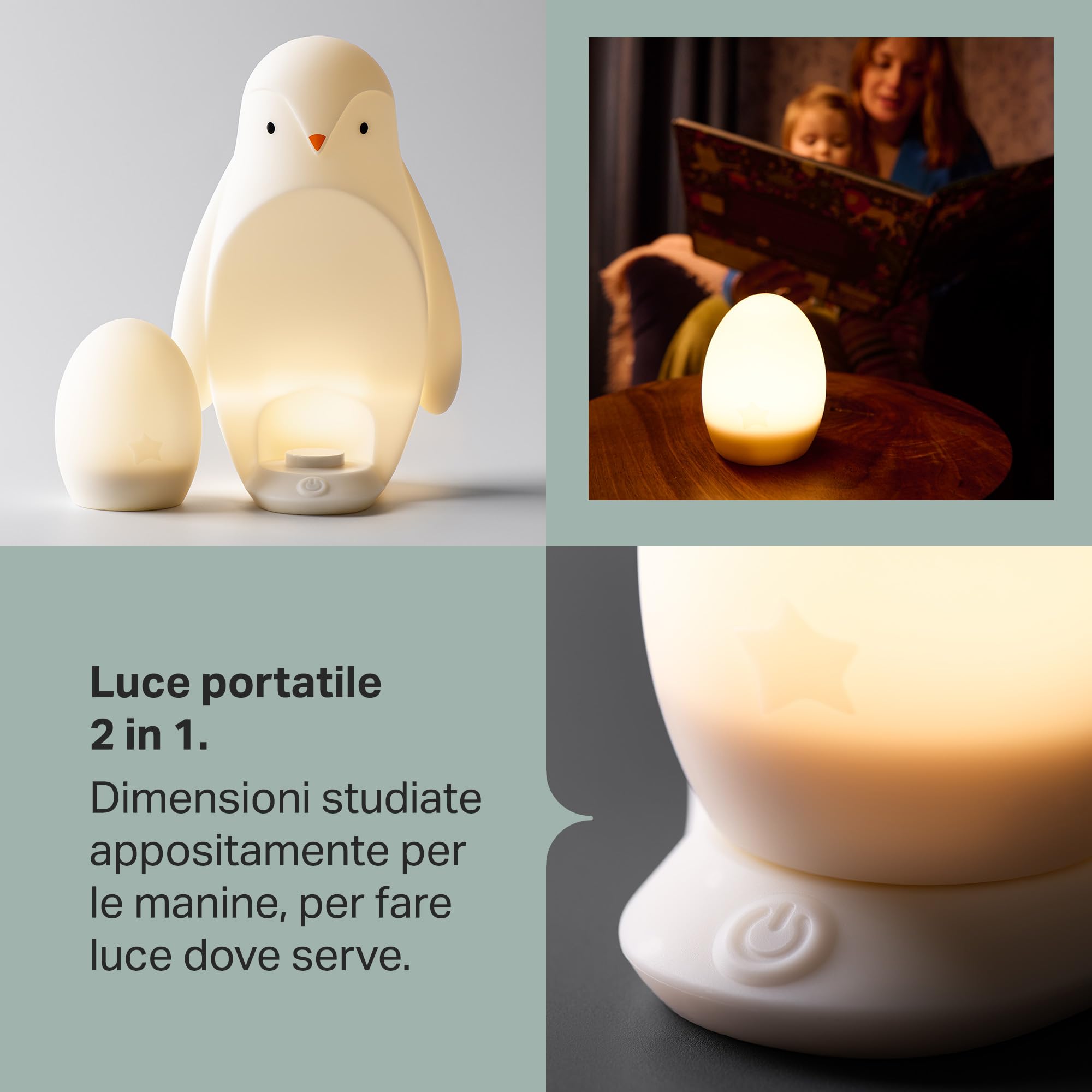 Tommee Tippee Luce da notte portatile pinguino per stanza da letto 2-in-1 con luce a uovo portatile, luminosità regolabile, alimentata via USB
