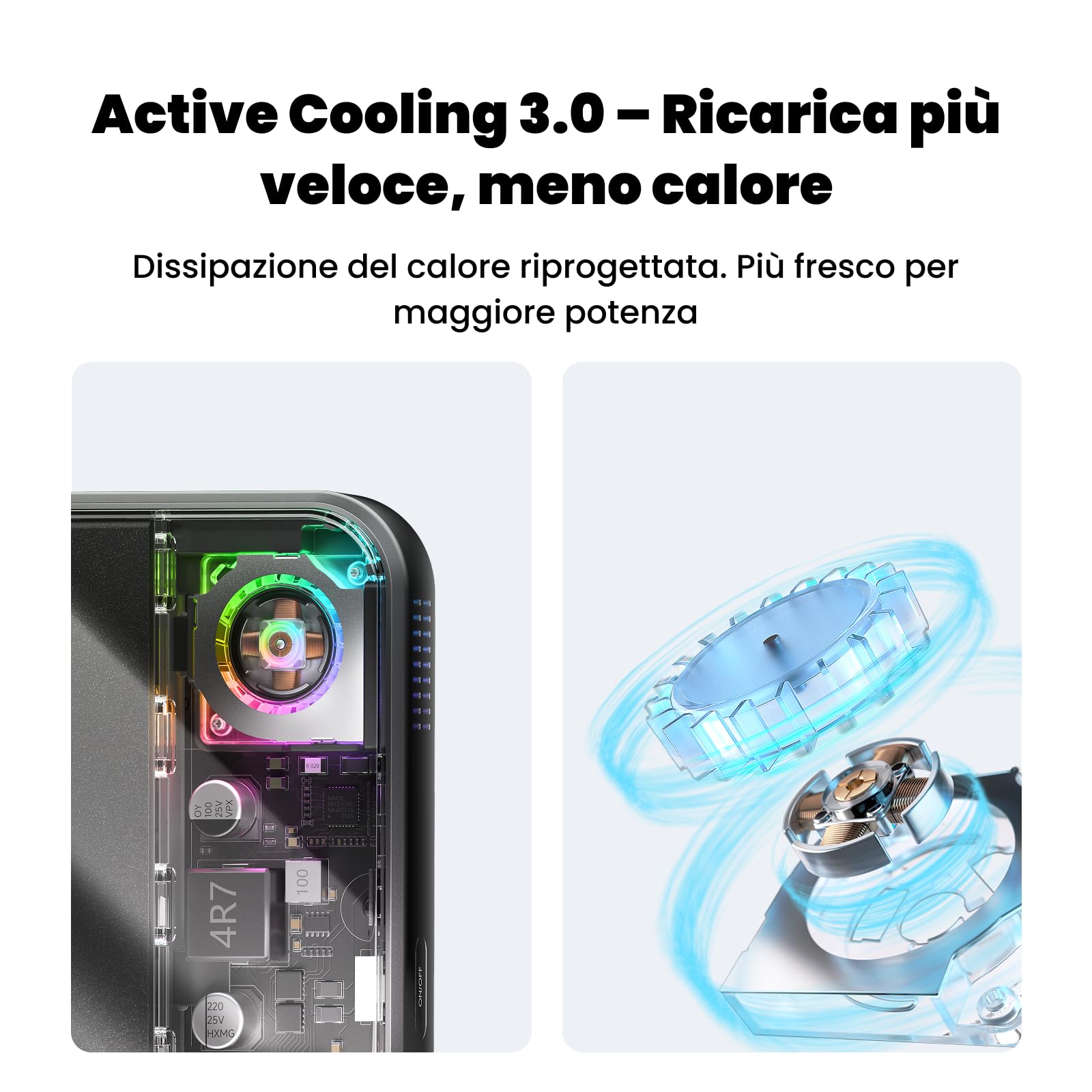 sharge ICEMAG 3 Power Bank Magnetico 10000mAh, Qi2.2 25W Caricatore Portatile Wireless con Raffreddamento Attivo 3.0, Ricarica Rapida USB-C 35W, Design Trasparente RGB (WH-EU)