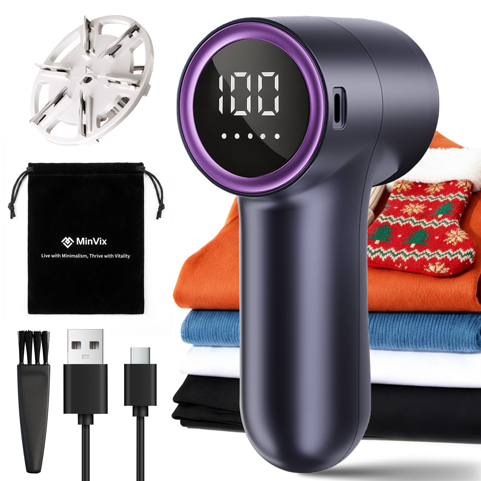 MinVix® Bobble Remover for Clothes, Rechargeable Lint Remover, Electric Fabric Shaver, Debobbler Clothes Shaver with LED Display & 5 Speeds, Fuzz/Fluff/Pilling Defuzzer for Wool Jumper, Knitwear, Sofa