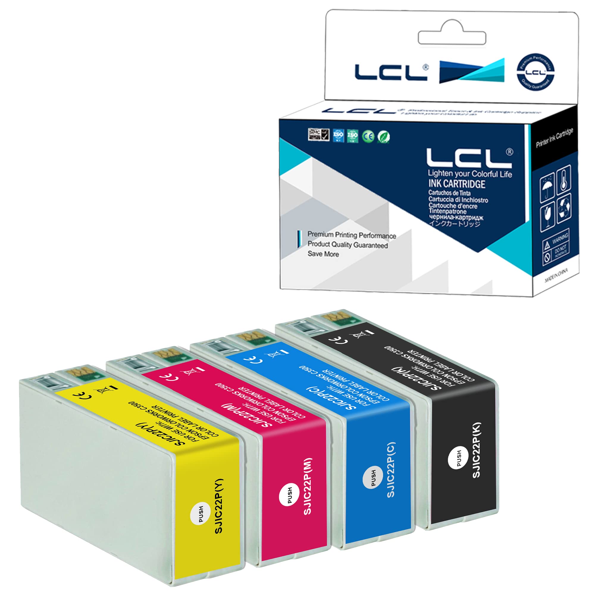 LCL Compatible Ink Cartridge SJIC22P SJIC22P (K) SJIC22P (C) SJIC22P (M) SJIC22P (Y) (4PK KCMY) Replacement for Epson TM-C3500 Color Works C3500 C3510 C3520 Printer
