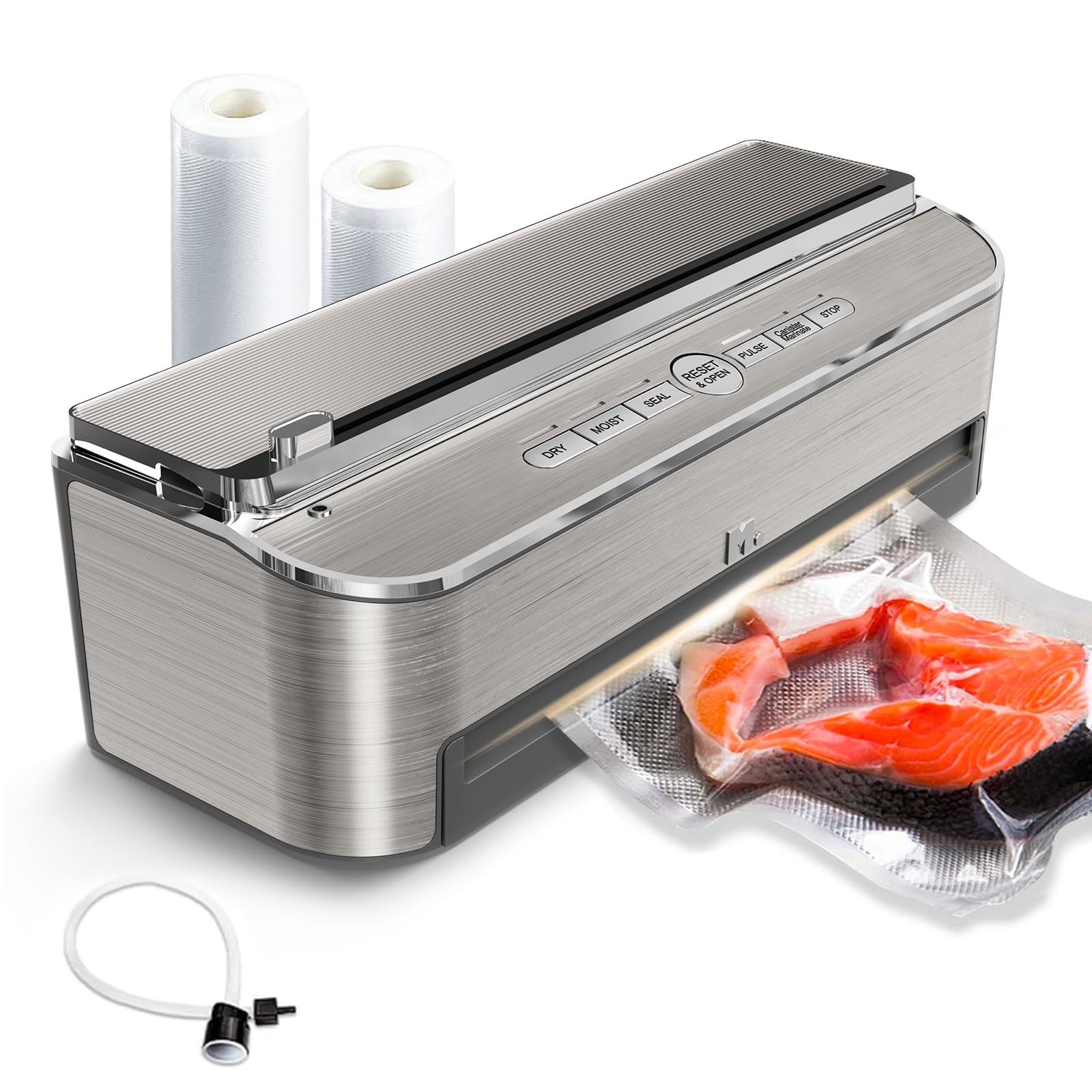Mesliese 85kPa 120 W, macchina per sigillatura automatica degli alimenti, potente sistema di sigillatura, taglierina integrata, contenitore per sacchetti, 2 Rotoli di Sacchetti (Argento)