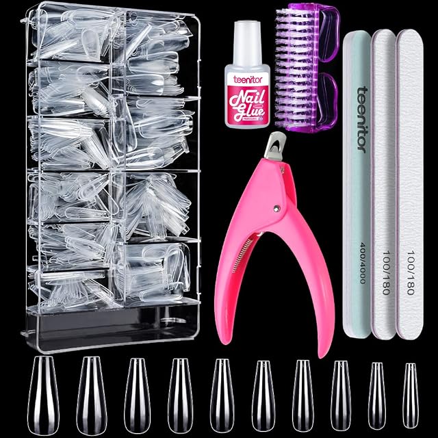Clear Fake Coffin Nail Tips, Teenitor Long Acrylic Full Cover Nail Tip Press On Nails, 600pcs Ballerina False Nails Nail Glue, Nail Files And Buffer Polisher Nail Brush, Nail Clipper Set for Beginners