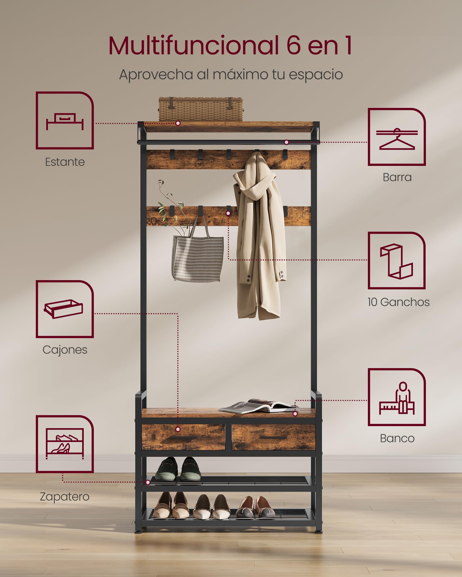 VASAGLE Perchero Recibidor, Mueble de Entrada con 10 Ganchos Extraíbles, 2 Cajones, Banco Zapatero, Diseño Separable, 30 x 80,4 x 181,6 cm, Marrón Rústico y Negro Tinta HSR429B01