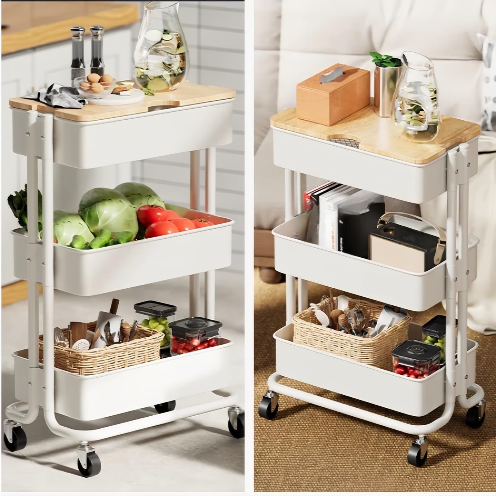 Carrello da cucina Carrello portaoggetti con rotelle a 3 livelli, ripiano mobile for snack e organizer da comodino(Blue)