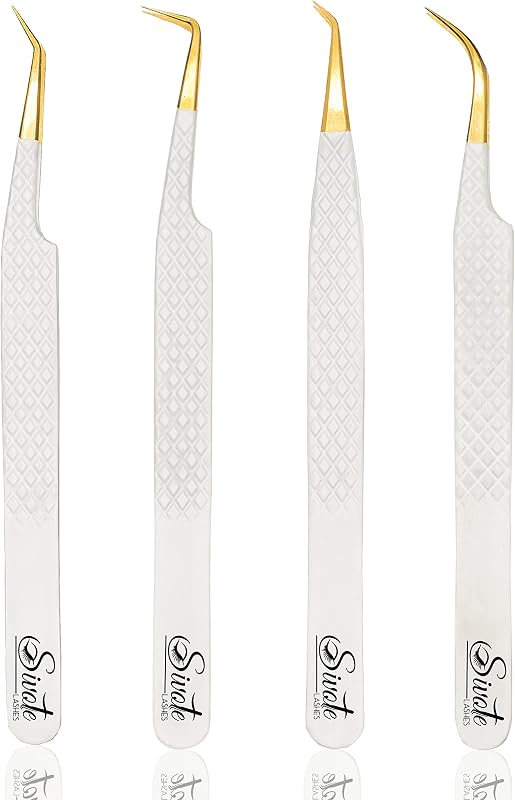 Conjunto com 4 pinças para extensão de cílios SIVOTE, brancas, aço japonês