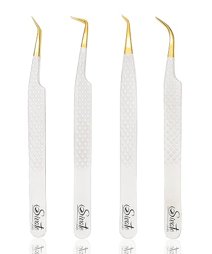 SIVOTE Fiber Tip Lash Tweezers for Eyelash Extensions with Diamond Grip, White, Set of 4 - Precise Tips Japanese Steel for Classic, Volume & Mega Volume Lashes, Anti-Rust - Ideal for Lash Artists