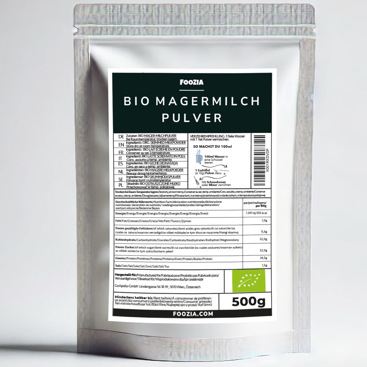 Bio Magermilchpulver 500g Milchpulver Aus Reiner Frisch Milch Hergestellt von Foozia